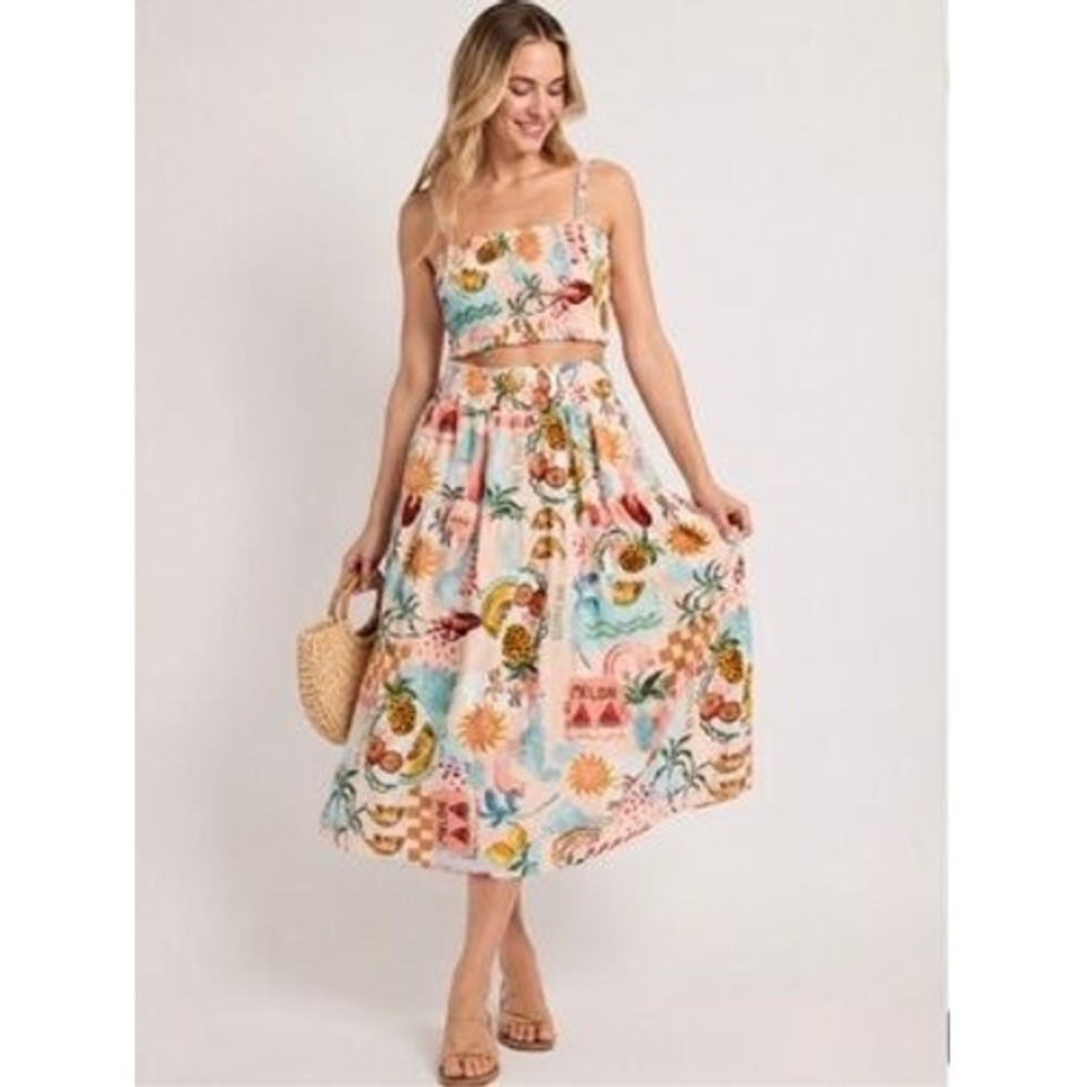 Anthro Paper Heart Tropical Print 2 Piece Skirt Set Smocked Crop Top